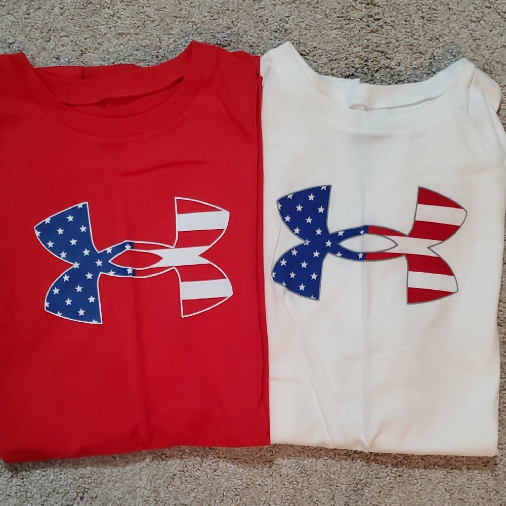 Under Armour Freedom, 2 Youth XL Short Sleeve Tshirts. Red And White With Logo.
